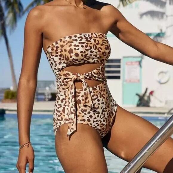 [Aerie] Leopard Print Knot Tie Front Cutout Strapless One Piece Swimsuit Large L - Picture 1 of 12